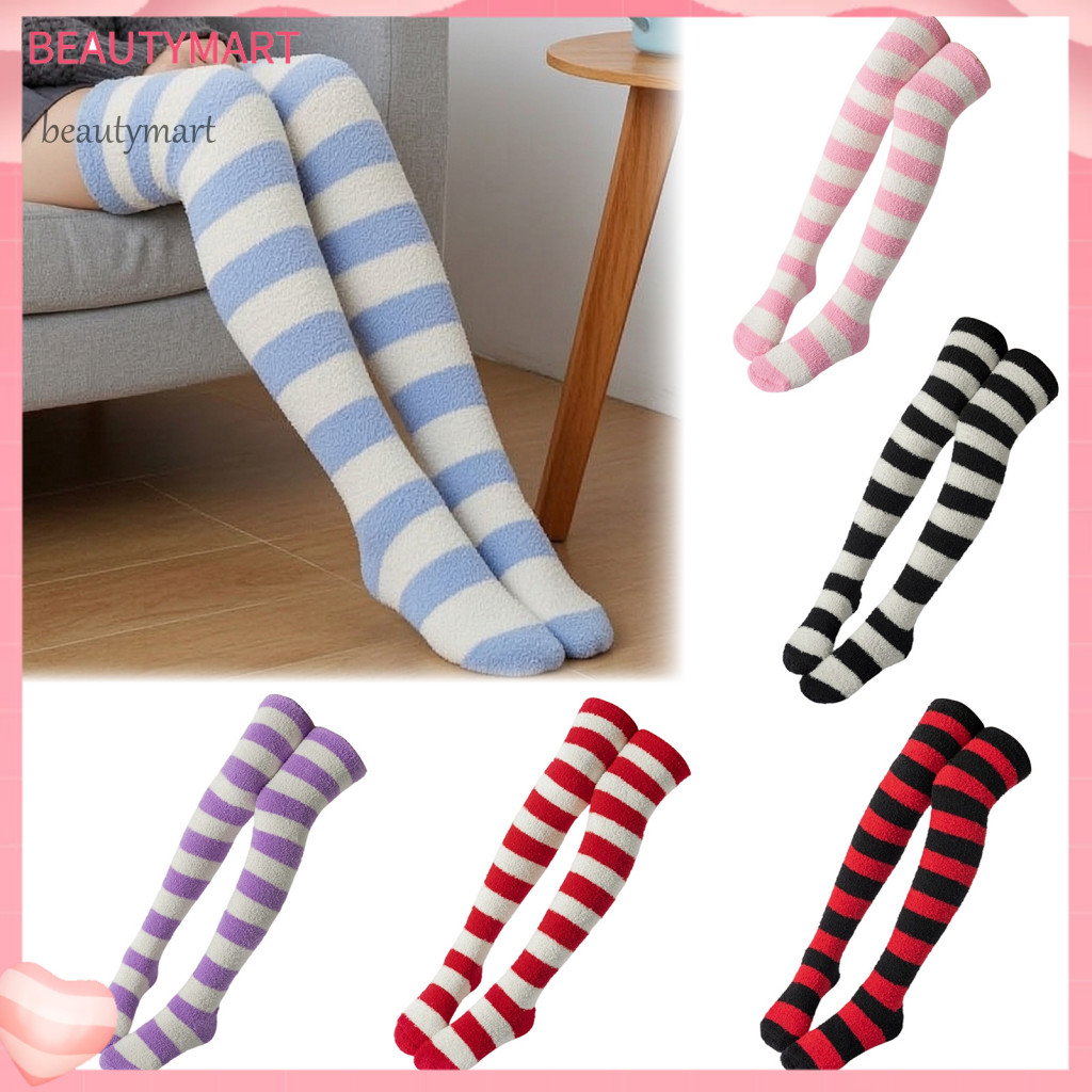 Soft Fuzzy Home Slippers Thickened Coral Velvet Socks Women’s Striped Plush Fleece – Knee-high Thermal Winter Warm f