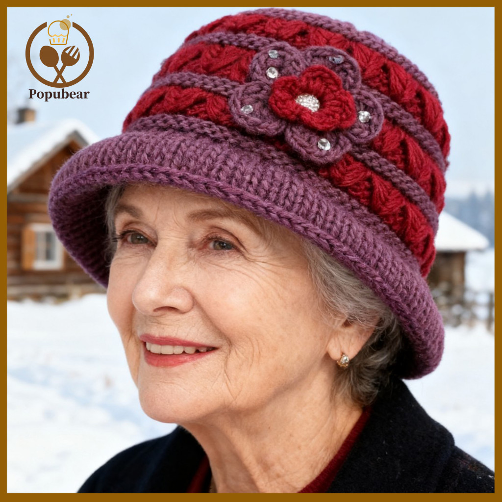 Floral Hat Middle-aged Winter Basin for Women – Velvet Knitted Thermal Insulation Cap Soft Warm Headwear for Elderly L