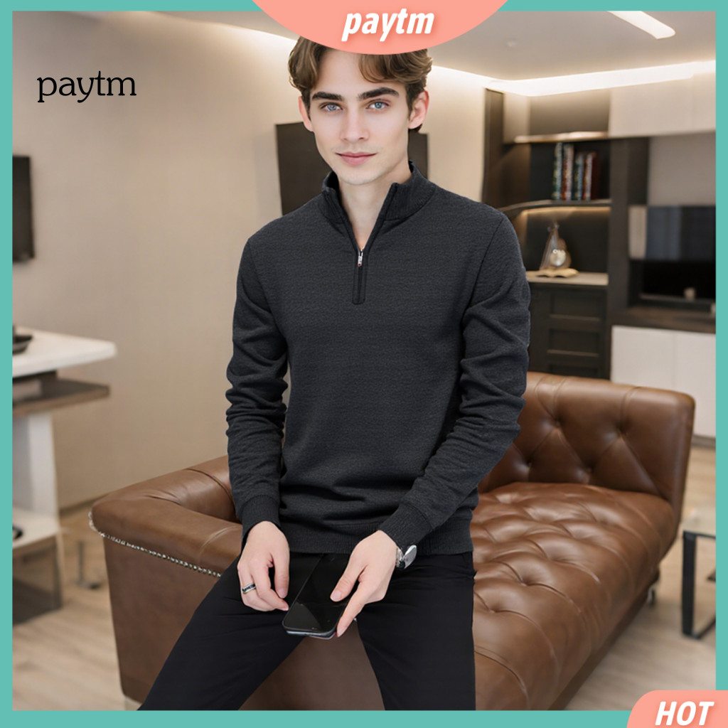 Winter Warm Men Sweatshirt Thickened Velvet Men's Autumn Pullover Stand Collar Zipper Half Placket Long Sleeve Solid Col
