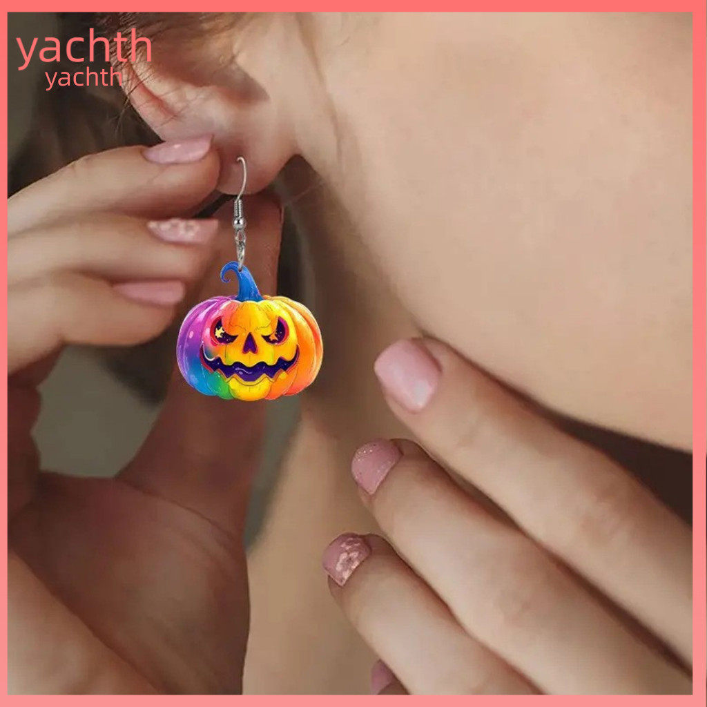 Acrylic Rainbow Gradient Ornaments Unique Autumn Holiday Gifts 1 Pair Halloween Pumpkin Dangle Earrings for Women Colorf