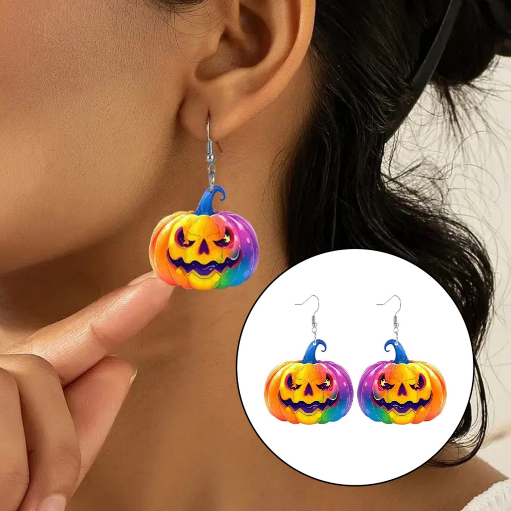 Retro Style Festival Ornaments Acrylic Rainbow Gradient 1 Pair Halloween Pumpkin Dangle Earrings for Women Colorful Drop