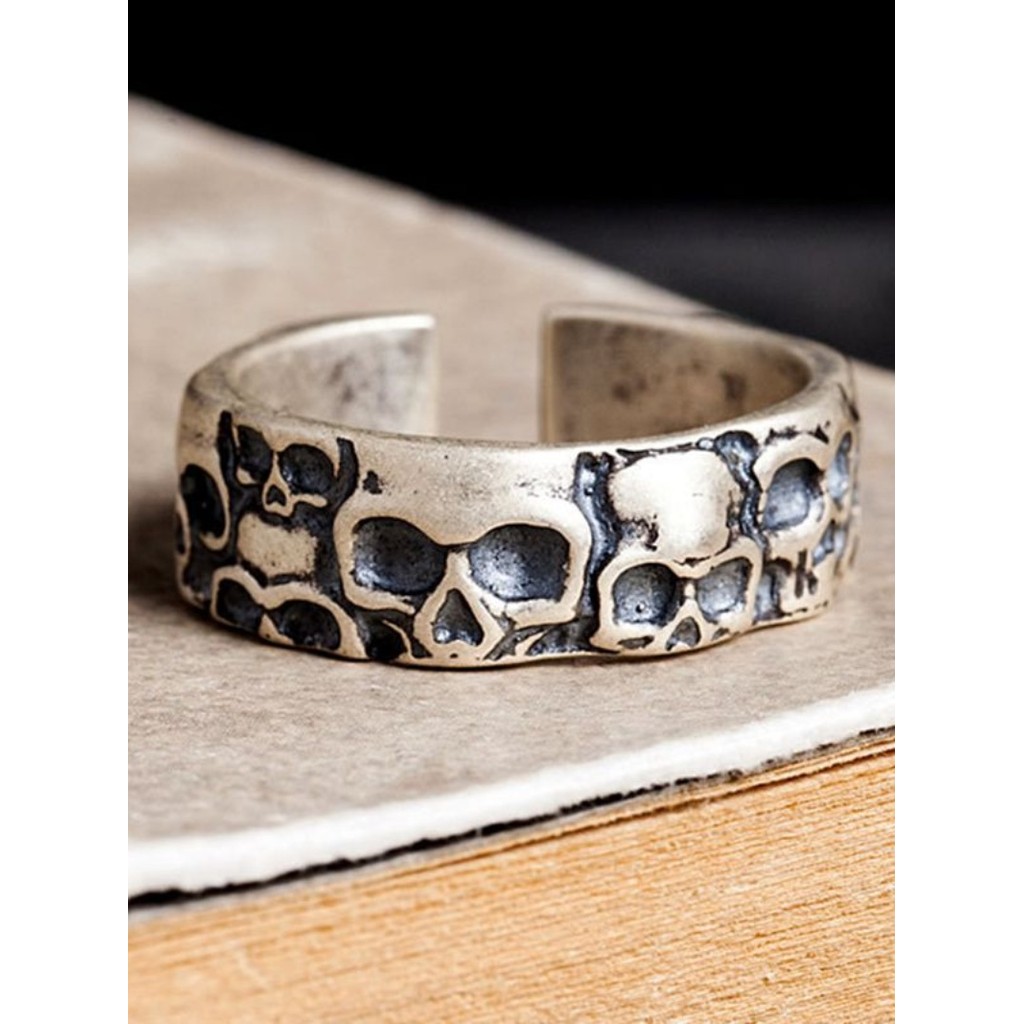 S925 prata esterlina moda tendência Retro Thai prata Punk único crânio aberto anel angustiado anel masculino