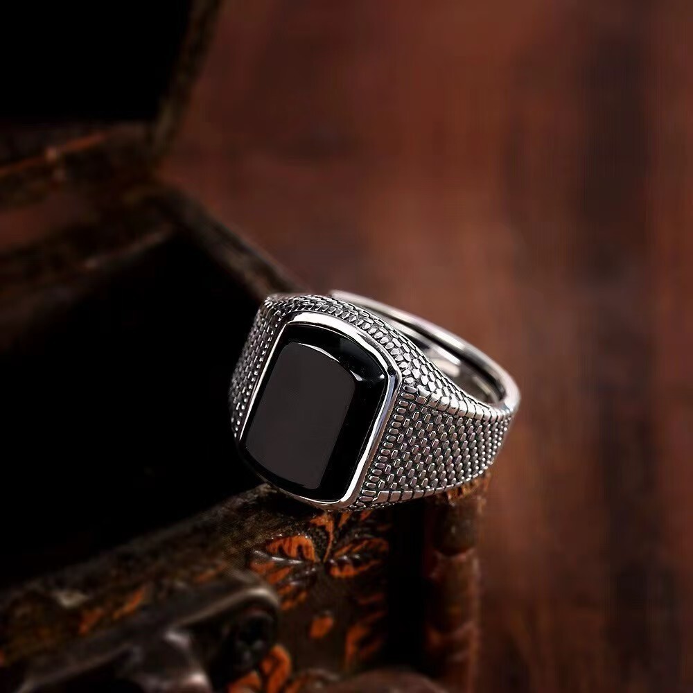 Retro angustiado angustiado preto ágata anel masculino na moda clássico rosto largo ajustável único na moda Thai prata ú