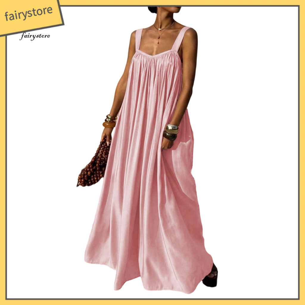 Comfortable Women Dress Summer Spaghetti Strap Pleated Maxi Loose Flowy Beach Vacation Sundress Holiday Outfit Lightweig