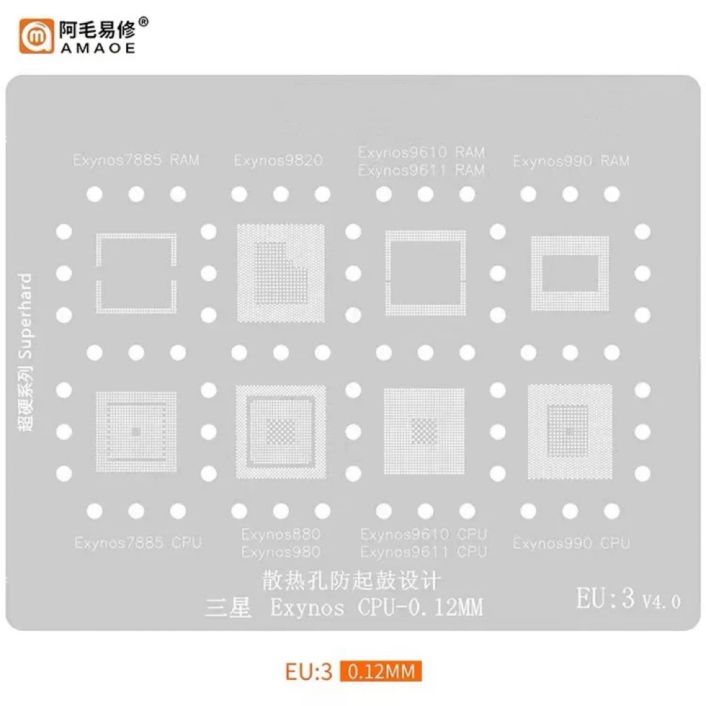 Amao estencil EU3 Easy Repair Compatível com galaxy Exynos/Malha Plástica/9820/9610/980/7885/CPU