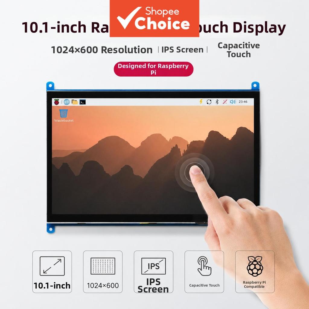 Monitor de 10,1 polegadas compatível com Raspberry Pi 4, 3, 2 B, B+, A+; resolução 1024x600, painel IPS, touchscreen