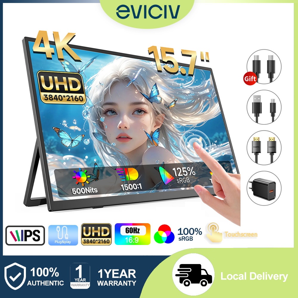 EVICIV Monitor portátil Touchscreen 15.7'' 4K for Laptop UHD 3840*2160 IPS Display Type-c HDMI Compatível PC/Mac/Phone