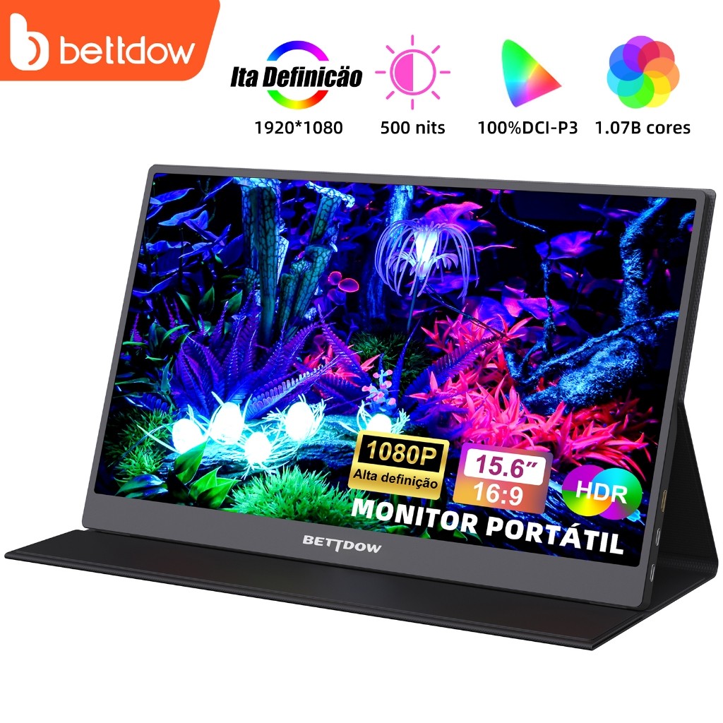 Monitor Portátil 15,6” Touchscreen Full HD IPS USB-C Mini HDMI 1920x1080 60Hz Tela Extensora Gamer MTM-1560T Tomate