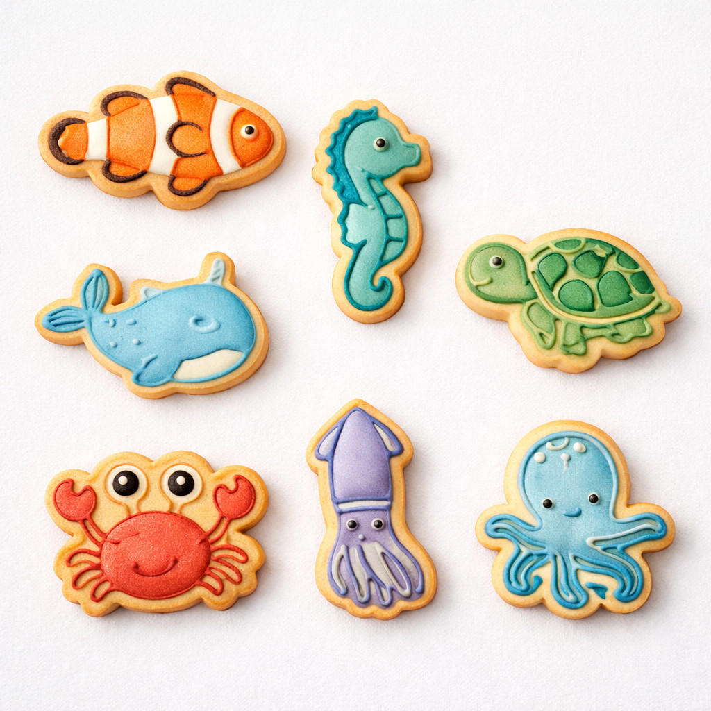 Kit 7 Cortadores Marcadores de Biscoito Fundo do Mar Animais Marinhos 3D Molde Carimbo