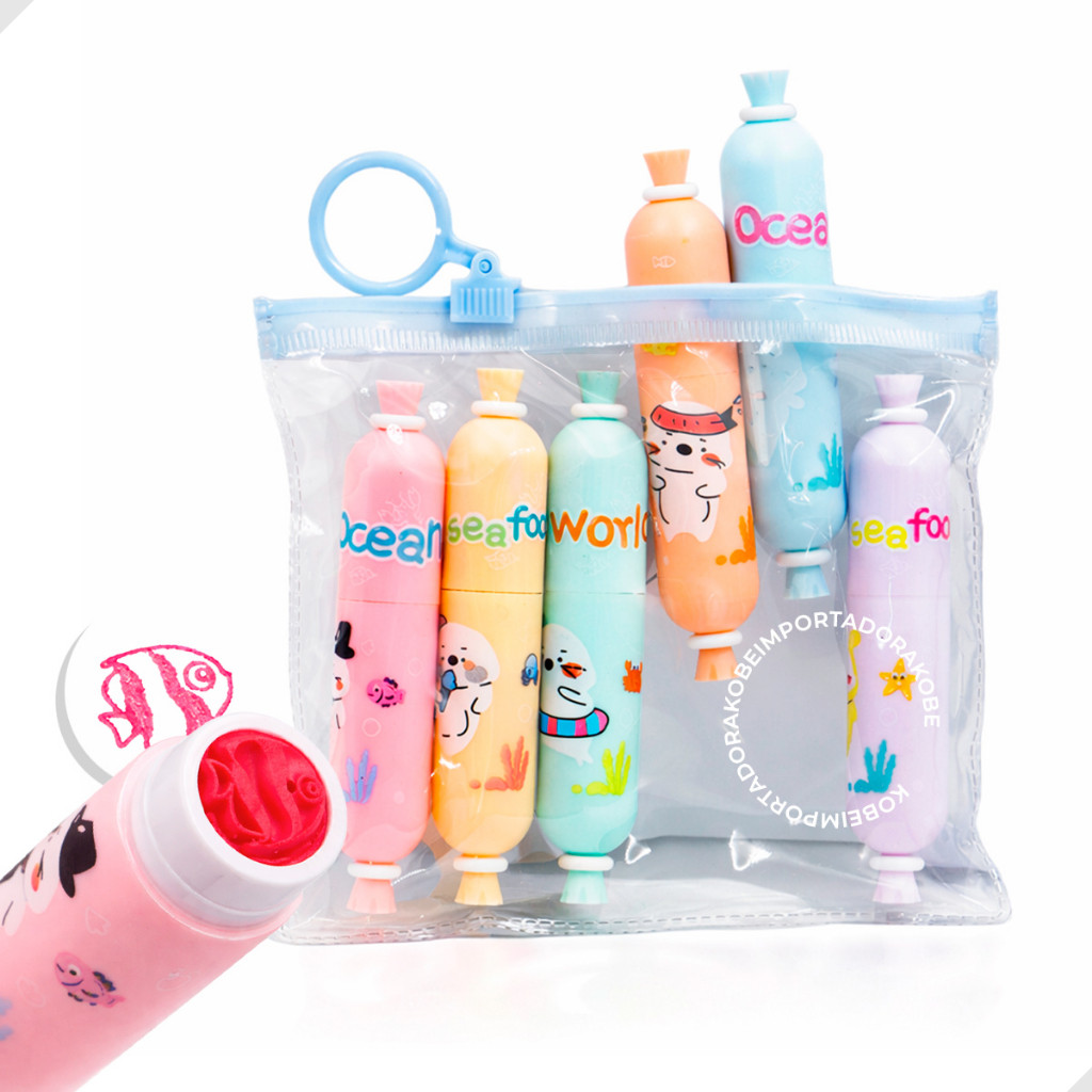 Kit Mini Carimbos Fundo Do Mar Infantil 6 Cores Material Escolar Colorido Animais Marinhos