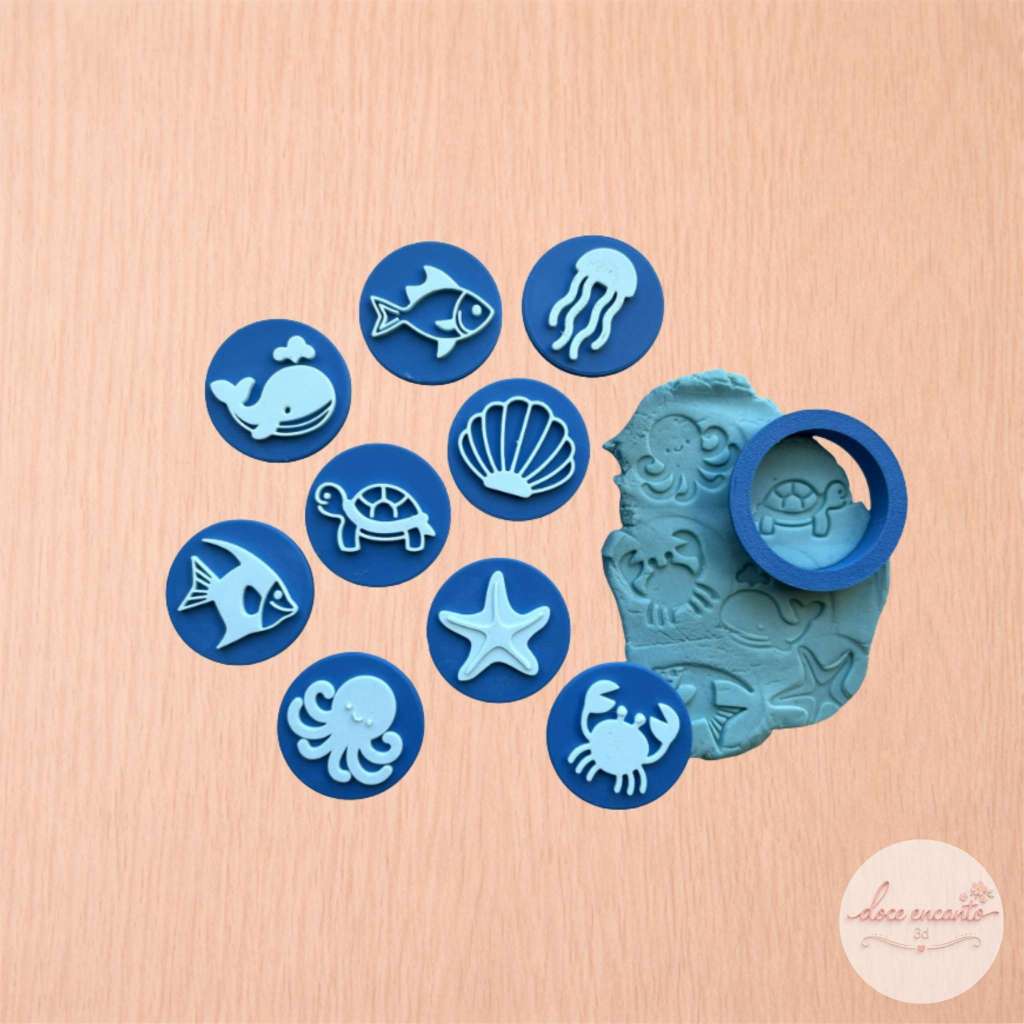 Kit Cortador + Carimbo Fundo do Mar para Biscoitos | Marcador de Cookies | Confeitaria |