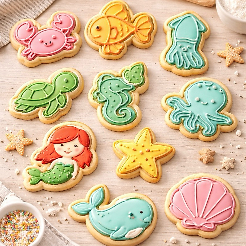 kit 10 peças cortador de biscoito +carimbos no tema fundo do mar- animais do mar -massinha-cookies-criança