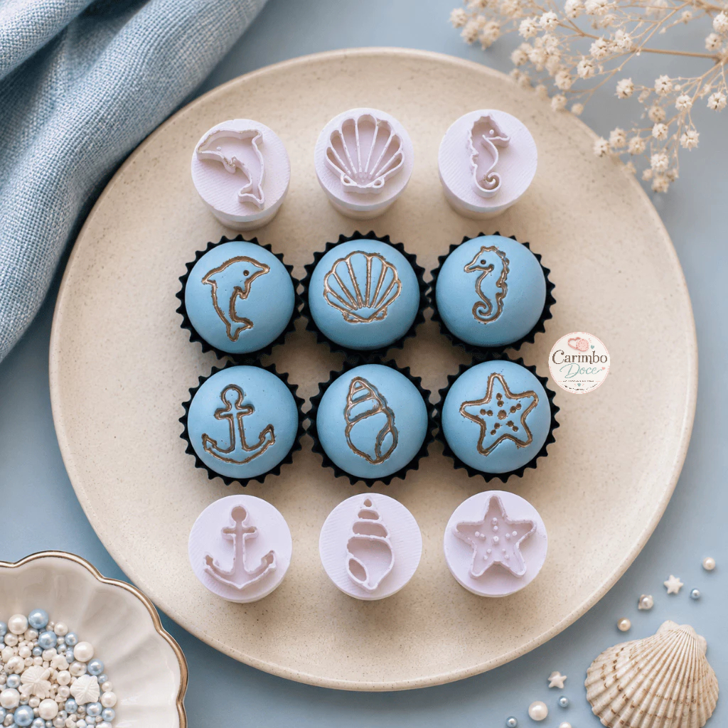 Kit 6 Carimbos e Marcador de Brigadeiro e Docinhos Fundo do Mar –Âncora, Concha, Golfinho, Estrela, Cavalo-Marinho