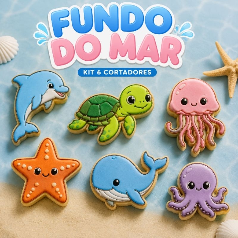 Kit Cortadores Fundo do Mar 6 Peças com Carimbos para Biscoitos Decorados