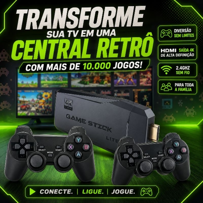 Game Stick 4K Retrô 10.000 Jogos 2 Controles Sem Fio HDMI TV PS1 MAME