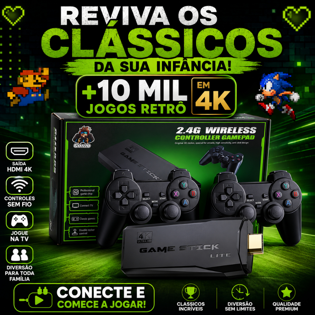 Game Stick 4K Retrô 10000 Jogos HDMI Console Retro 2 Controles Sem Fio PS1 Atari MAME