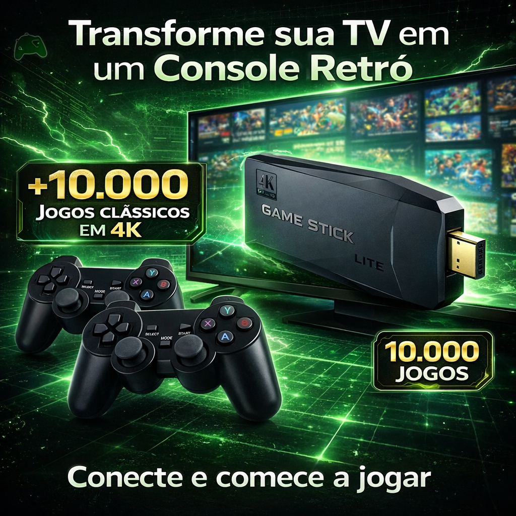 Game Stick 4K Retrô 10.000 Jogos Console Retro HDMI Com 2 Controles Sem Fio PS1 Atari MAME Plug Play