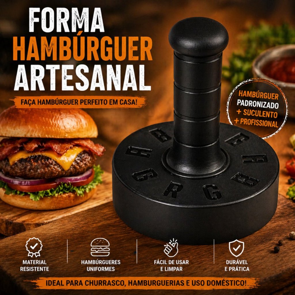 Forma de Hambúrguer Artesanal Prensa Hamburguer Modelador Burger Caseiro Molde Carne Hamburgueria Profissional Compactad