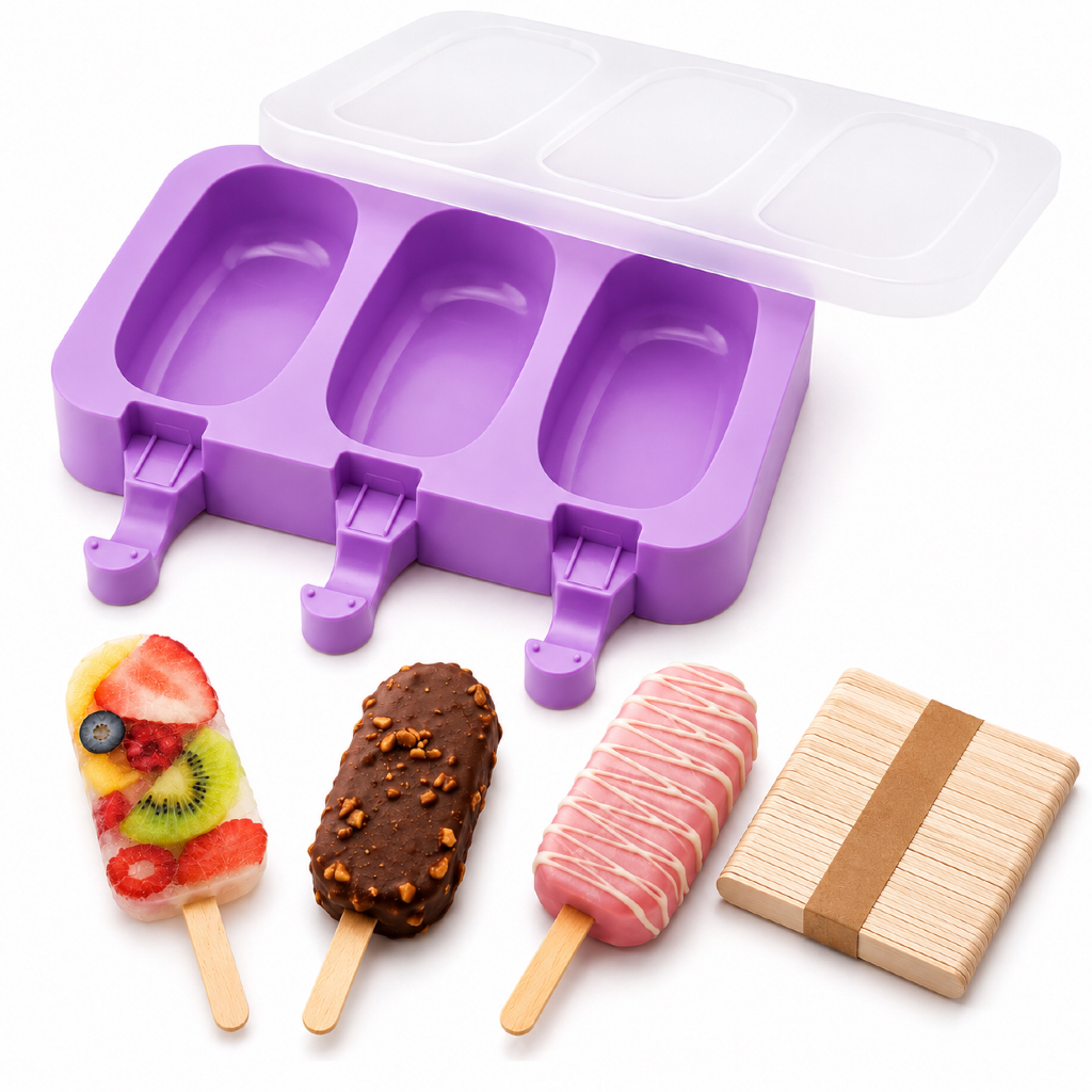 FORMA DE PICOLÉ SILICONE COM TAMPA MOLDE SORVETE CASEIRO 3 CAVIDADES REUTILIZÁVEL + 50 PALITOS MADEIR