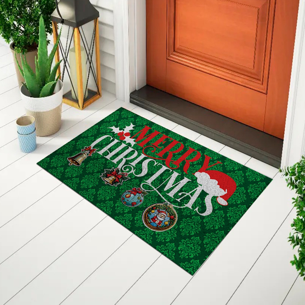 Tapete Capacho Para Porta Divertido Tema Natal - Merry Christmas - Fundo Verde Ca907
