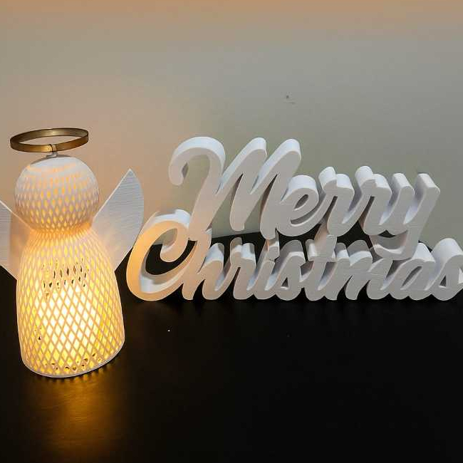 Decoração Natalina Anjo com Vela LED e Letreiro Merry Christmas