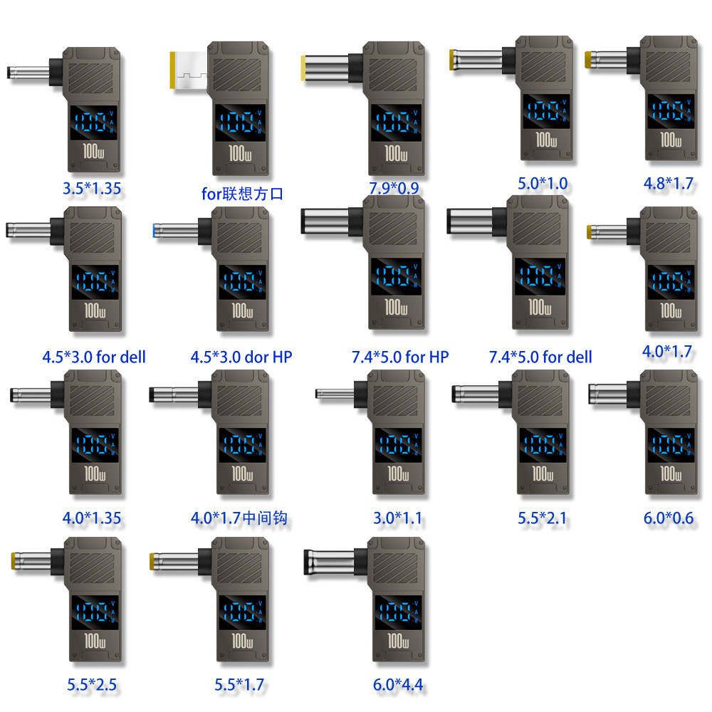 Adaptador PD 100W Tipo-C para DC 4.5x3.0 7.4x5.0 4.0x1.7 5.5x2.5 11.0x4.5 para Notebook HP/Lenovo, com LED Display