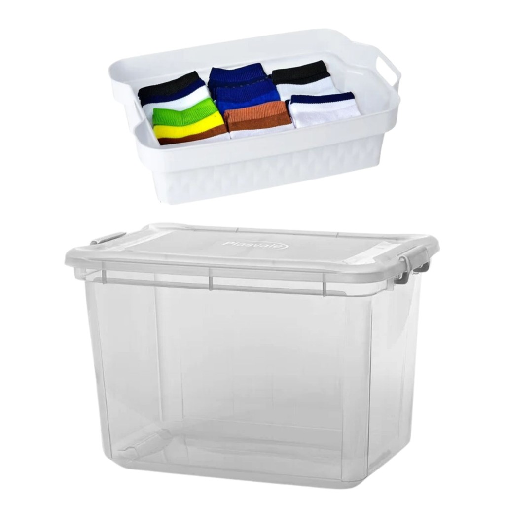 Kit Caixa Organizadora 35l Transparente + Cesta Organizadora 3,4l Multiuso Design Prático Versátil