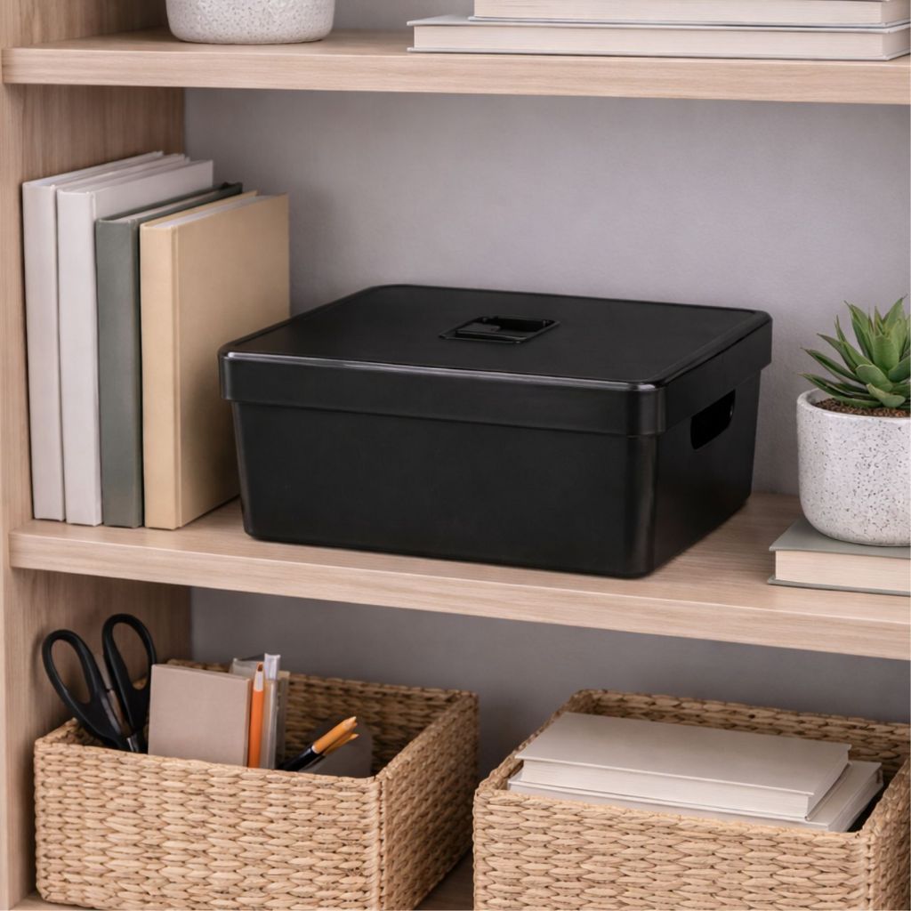 Caixa Organizadora Preta 10,35L Com Tampa Nitron Resistente Organizador Multiuso Flat Com Alça Lavanderia Closet