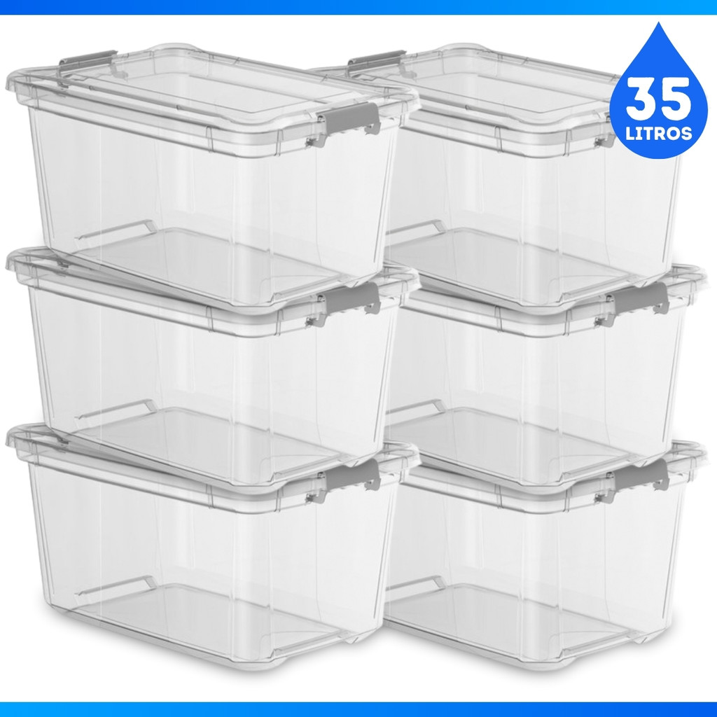 Kit 6 Caixa Organizadora 35 Litros Transparente C/ Trava Multiuso 35L Cesto Grande