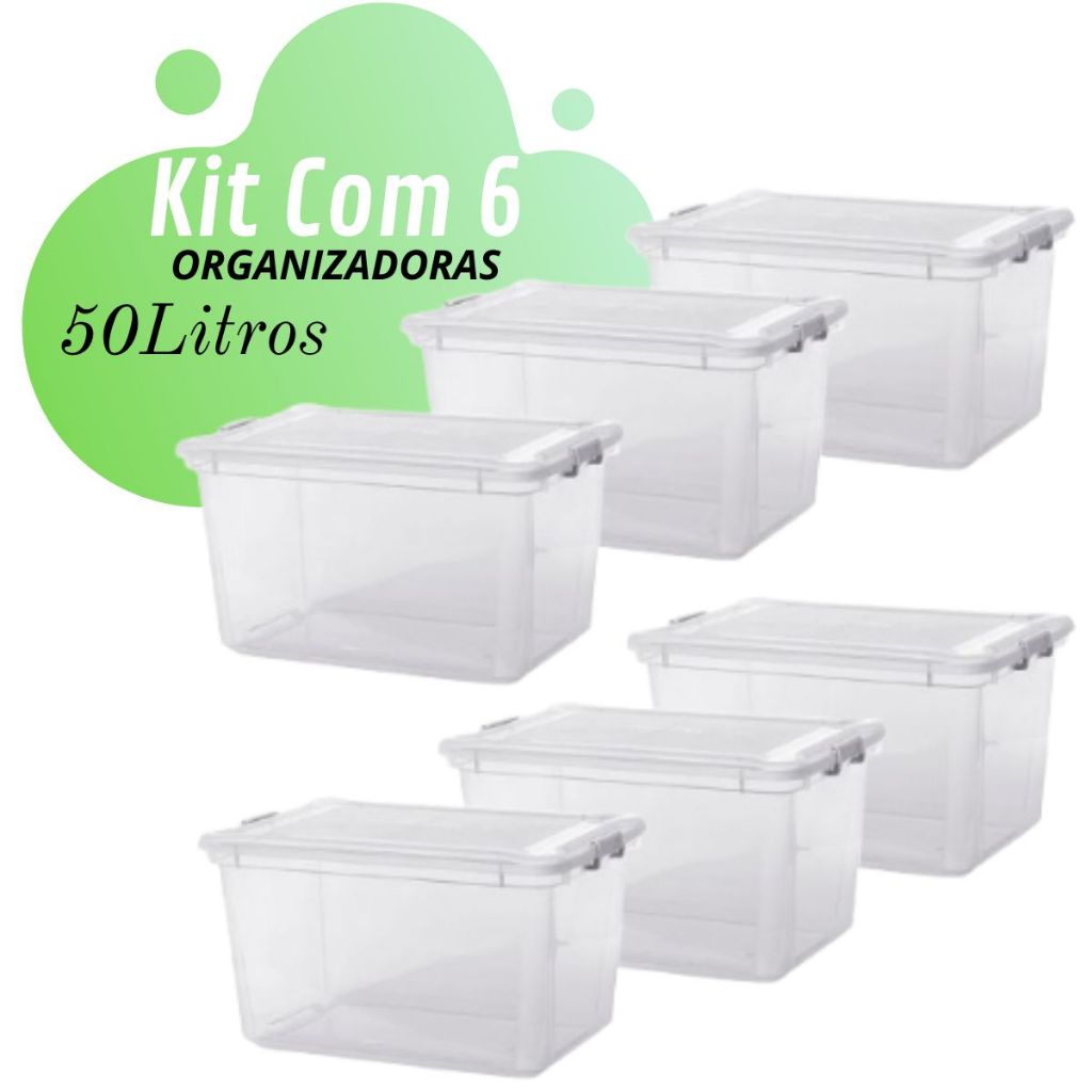 Kit com 6 Caixa Organizadora Multiuso Plástico Brinquedos 35L C/ Tampa