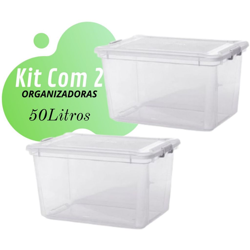 Kit com 2 Caixa Multiuso Organizadora Plástico Brinquedos 35L/50L Com Tampa