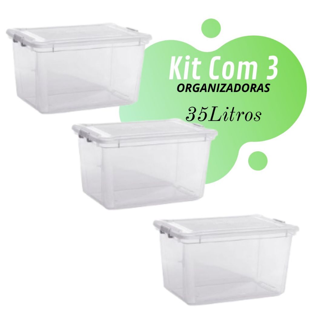 Kit com 3 Caixa Multiuso Organizadora Plástico Brinquedos 35L/50L
