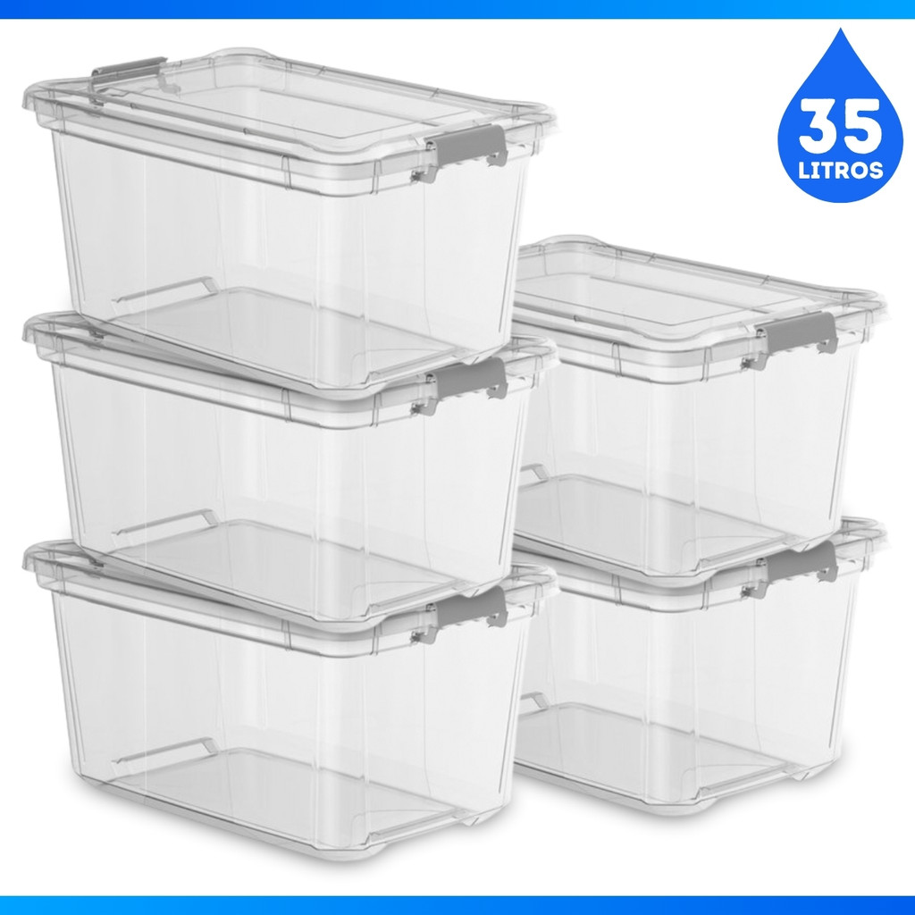 Kit 5 Caixa Organizador Multiuso 35 Litros Transparente C/ Trava 35L Cesto Grande