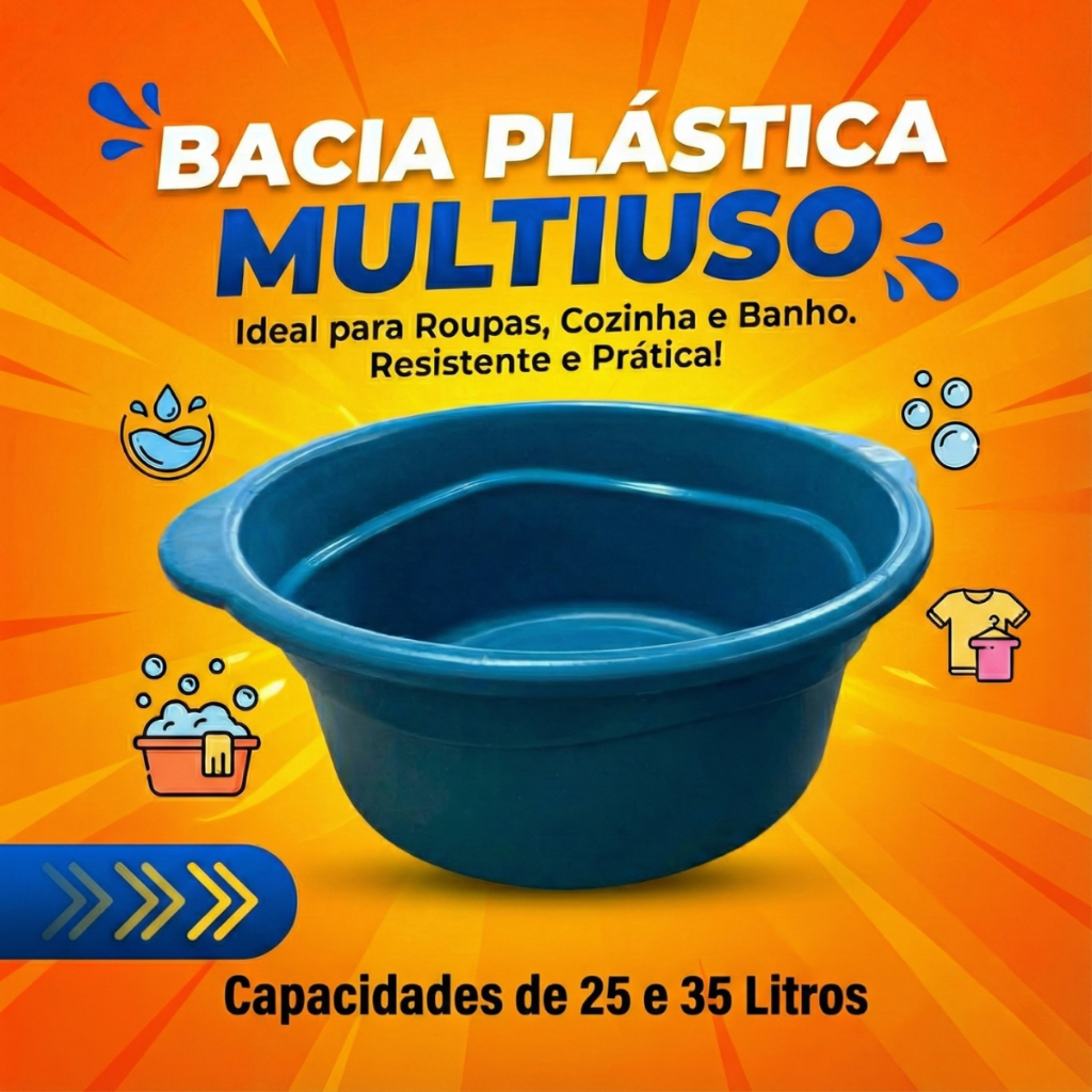 Bacia Plástica Reforçada Multiuso 25L ou 35L Ideal para Lavanderia, Cozinha e Organização Resistente