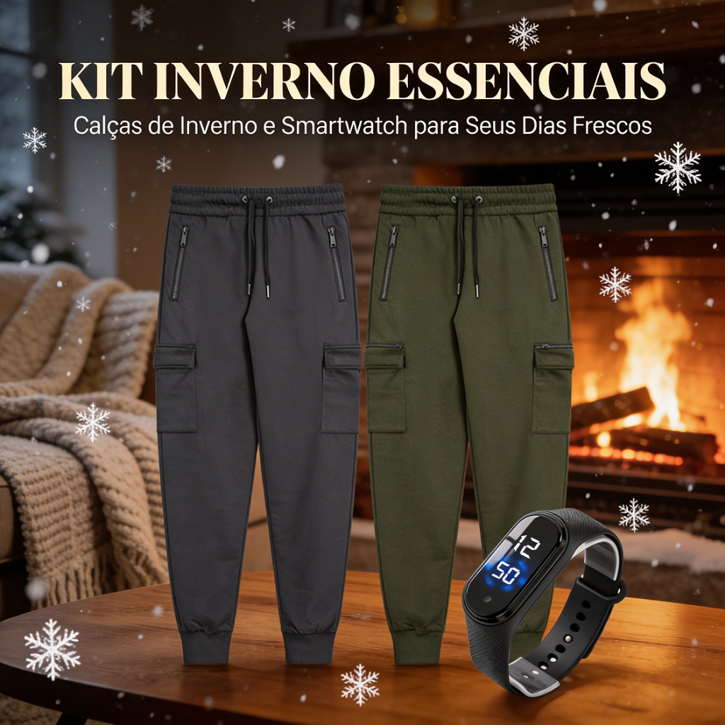 Calças Cargo Kit Com 2 Jogger Preta + Verde Militar + Smartband Preta Look Casual Urbano