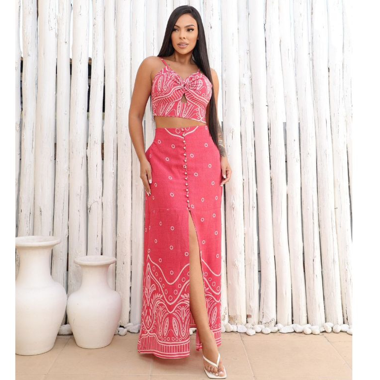 Conjunto Feminino Saia e Cropped 14 Botões Tecido Duna Estampado Forrado Novidade Confortável Moda Unica