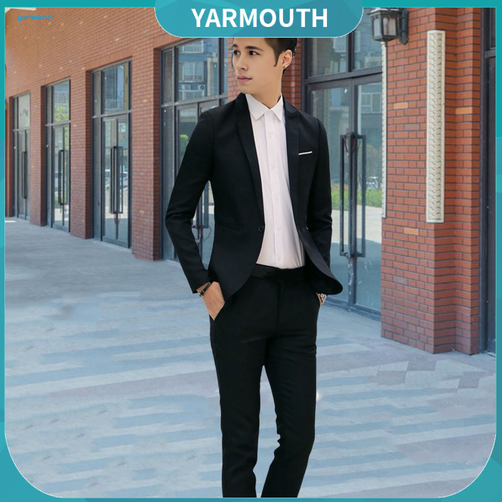 Suit Coat Long Pants Set Slim Fit Men's Business 2pcs Lapel Single Button Blazer Mid-rise Solid Color Formal Office Outf