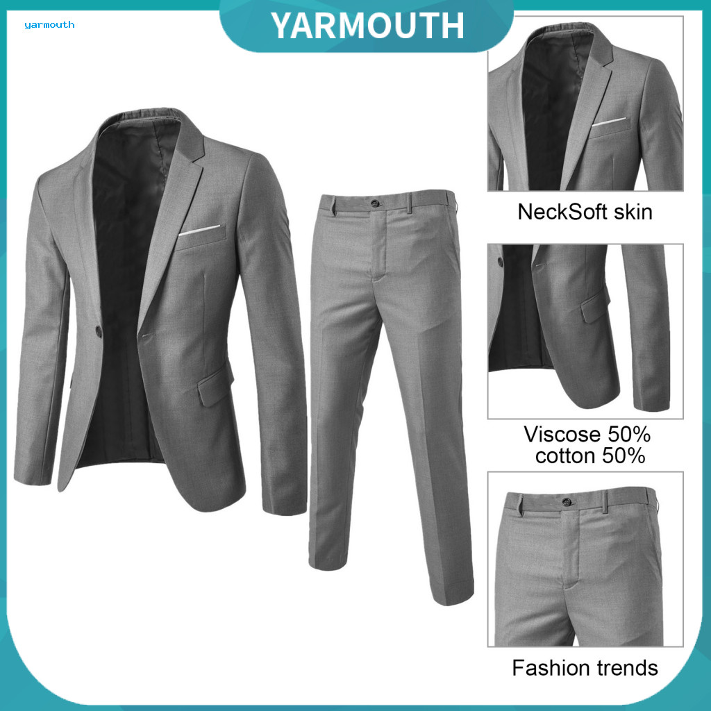 Men Slim Fit Suit Breathable Set Men's Business 2pcs Lapel Single Button Blazer Mid-rise Long Pants Solid Color Formal O