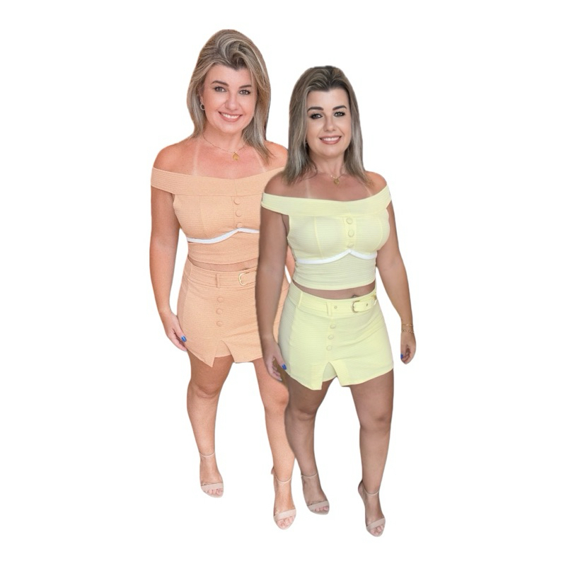 Conjunto Feminino Cropped Ombro a Ombro + Shorts Saia com Detalhe Fivela e Botões Elastano Tam Único 36 ao 42