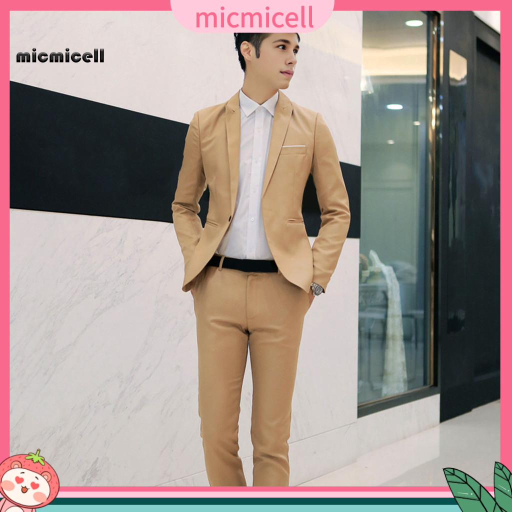 Slim Fit Suit Coat Long Pants Set Men's Business 2pcs Lapel Single Button Blazer Mid-rise Solid Color Formal Office Outf
