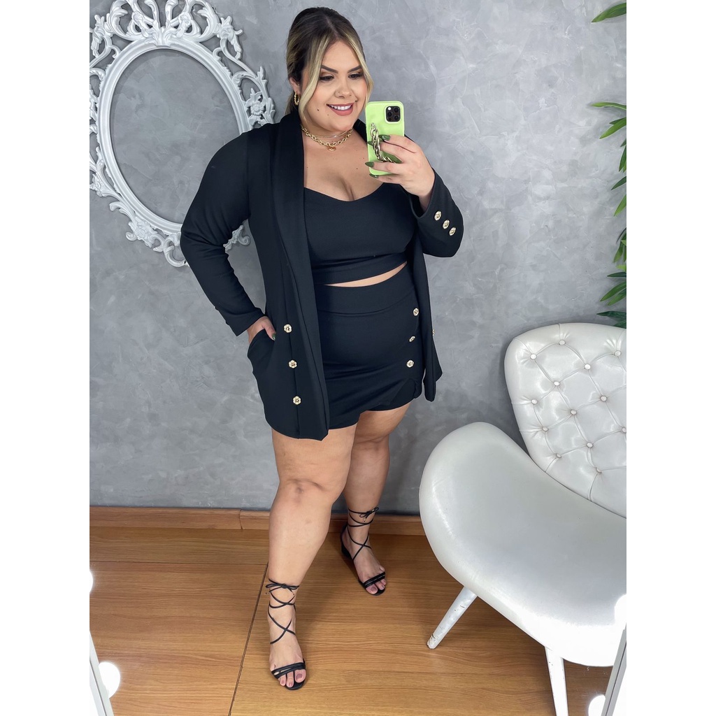 Conjunto  3 peças short/saia croped e blazer com botões  Plus Size tam unico (44 ao 52)