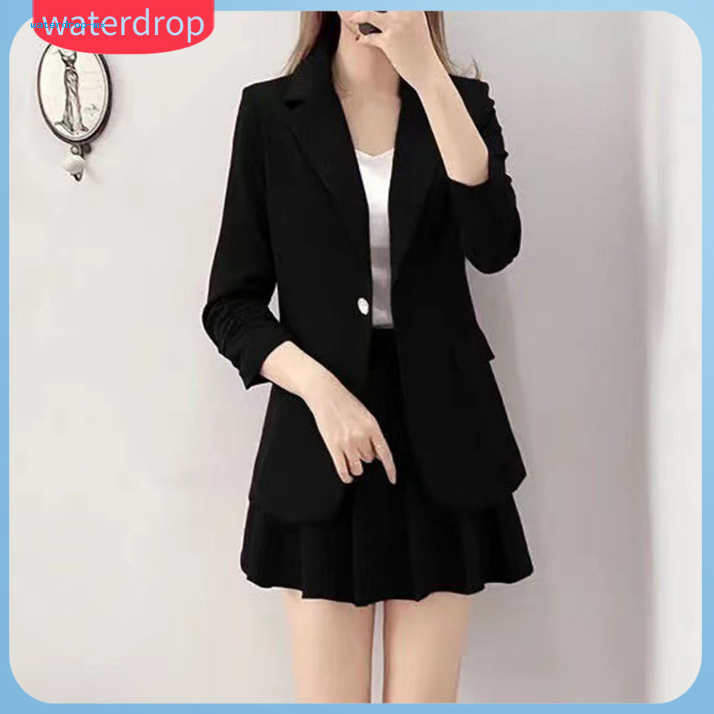 2pcs Women Coat Skirt Set Spring Autumn Solid Color Lapel Long Sleeve Single Button Blazer Pleated Mini Stylish Office C