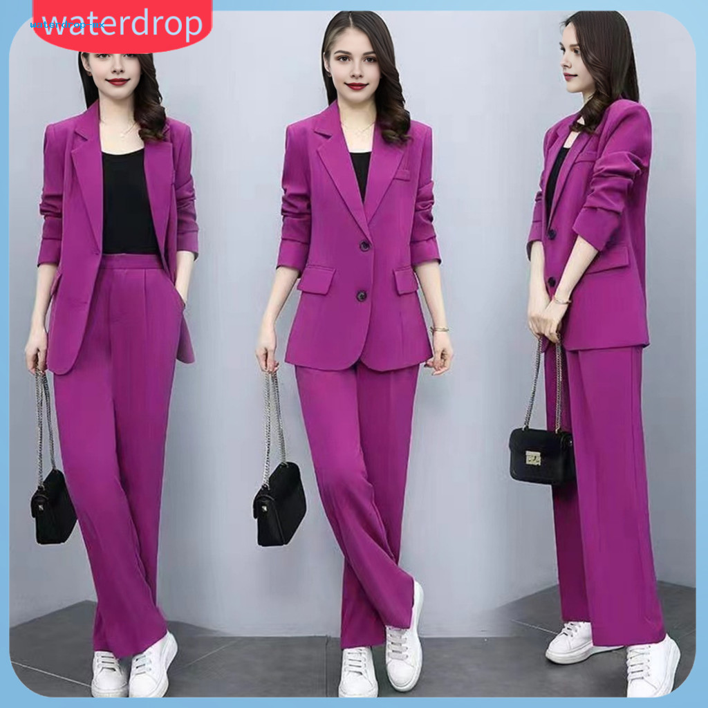 2 Pcs Women Coat and Pants Set Lapel Single Button Cardigan Jacket with Long Sleeve High Waist Wide Leg Trousers Mid Len