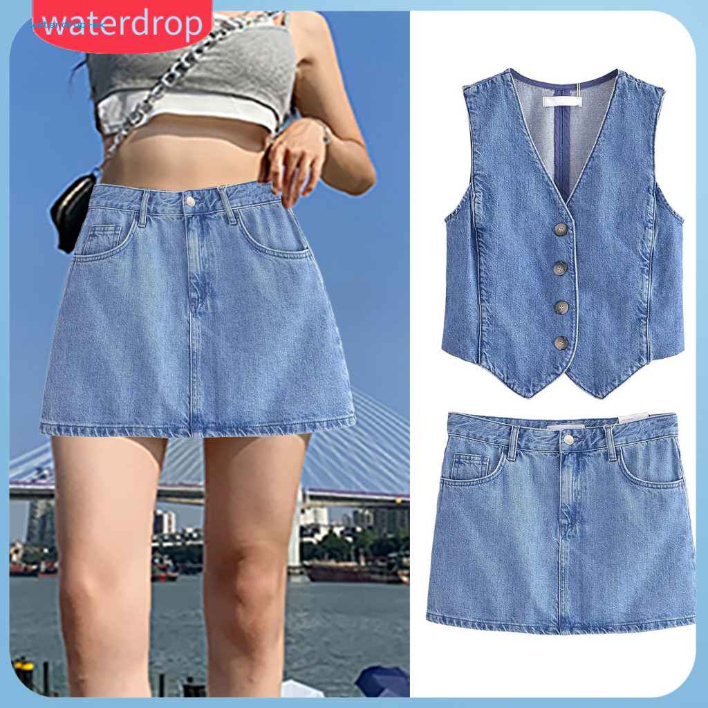 Women’s Denim Vest Skirt Set – V Neck Cardigan with Pockets Slim Fit Waistcoat Single-breasted Button Zipper Closure