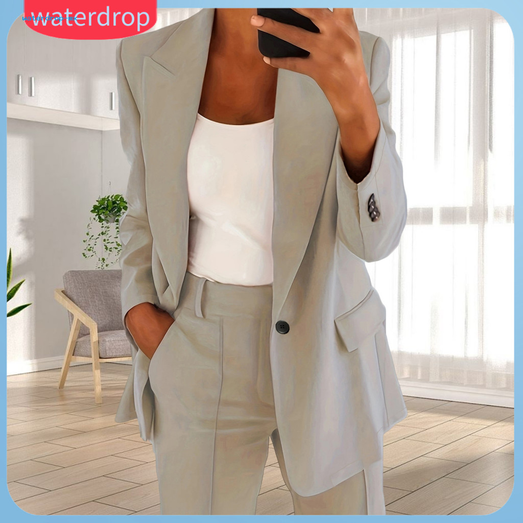 2 Pcs Women Suit Set Turn-down Collar Blazer High Waist Straight Pants Single Button Jacket Mid-length Cardigan Long Sle