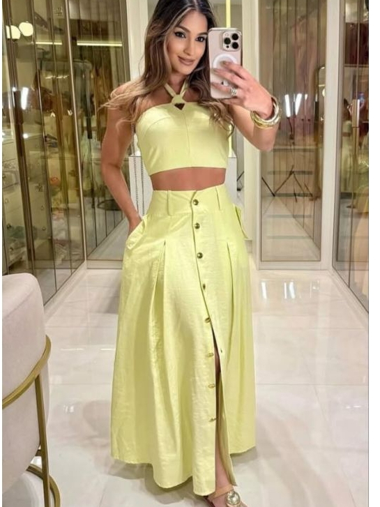 Conjunto Feminino Cropped Frente Única Saia Longa Botões Dourados com Bolso Funcional Marrant