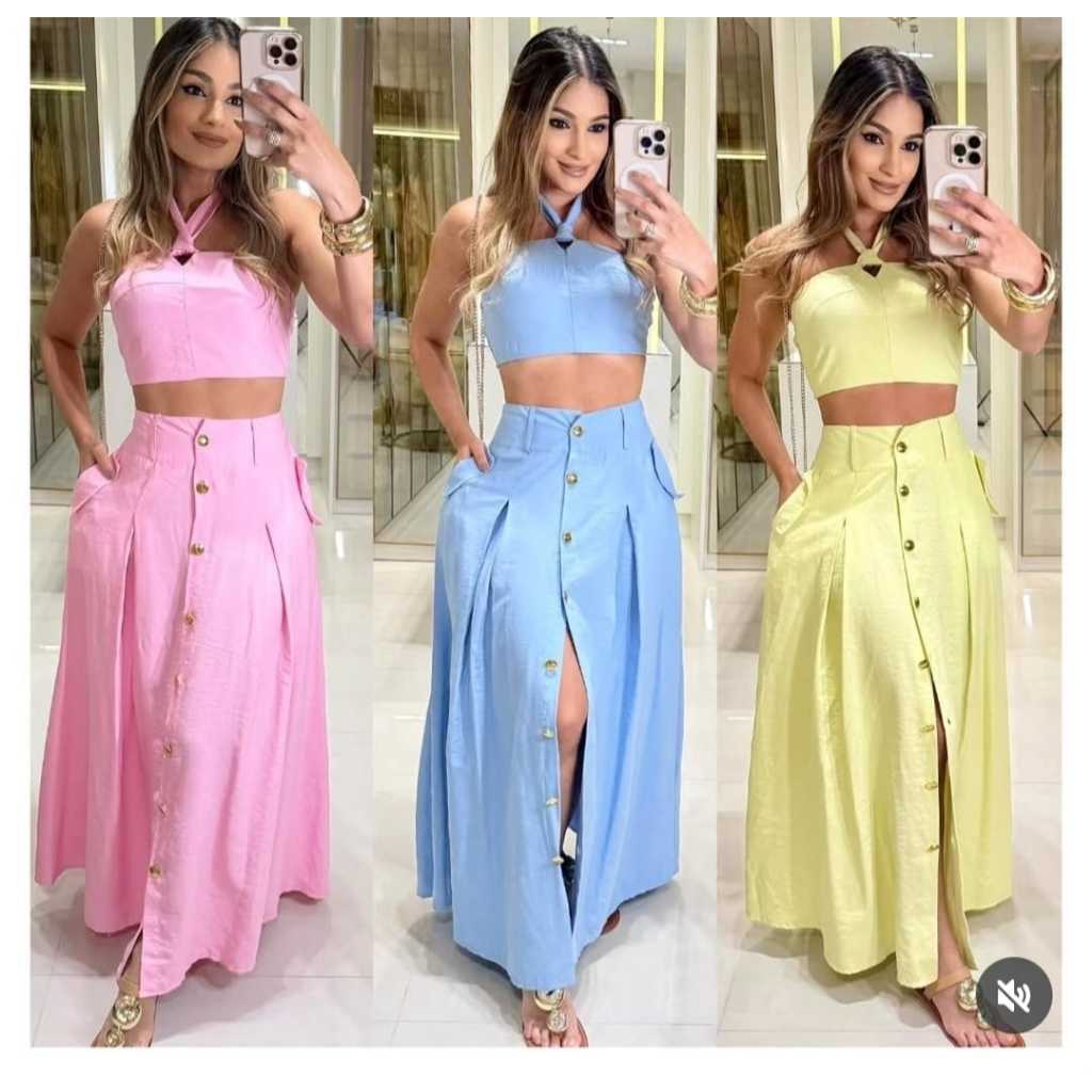Conjunto Feminino Cropped Frente Única + Saia Longa Botões com Bolso Funcional Tecido Sensorial Marrante