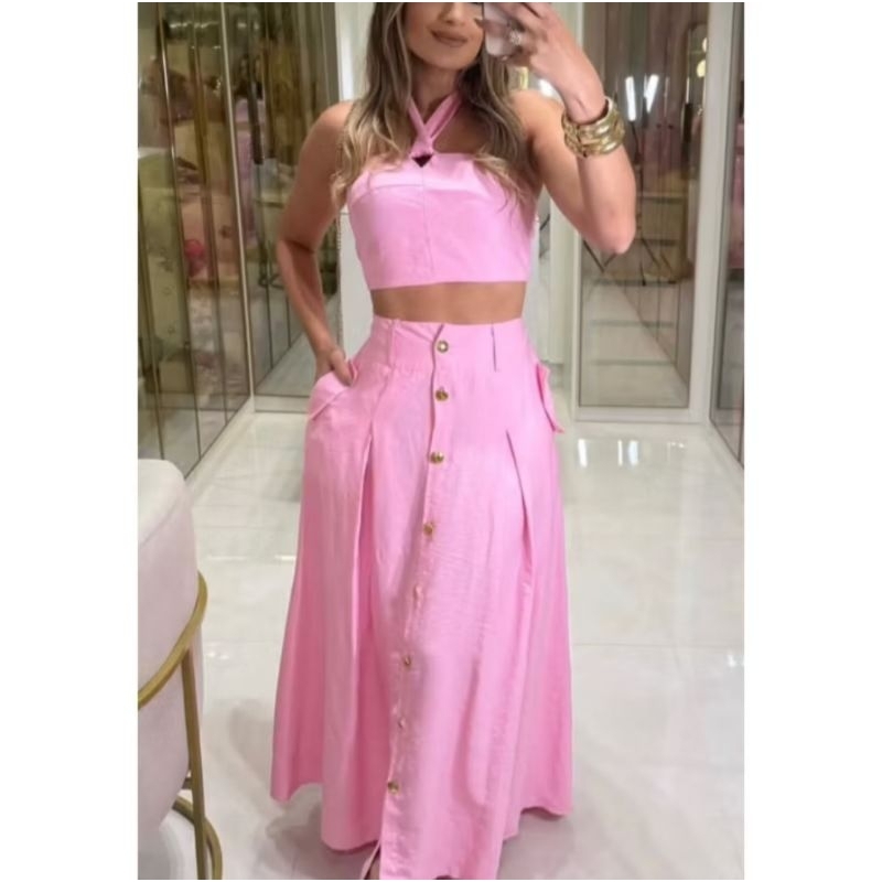 Conjunto Feminino Cropped Frente Única + Saia Longa Botões Dourados  com Bolso Funcional Tecido Sensorial Marrante saia.