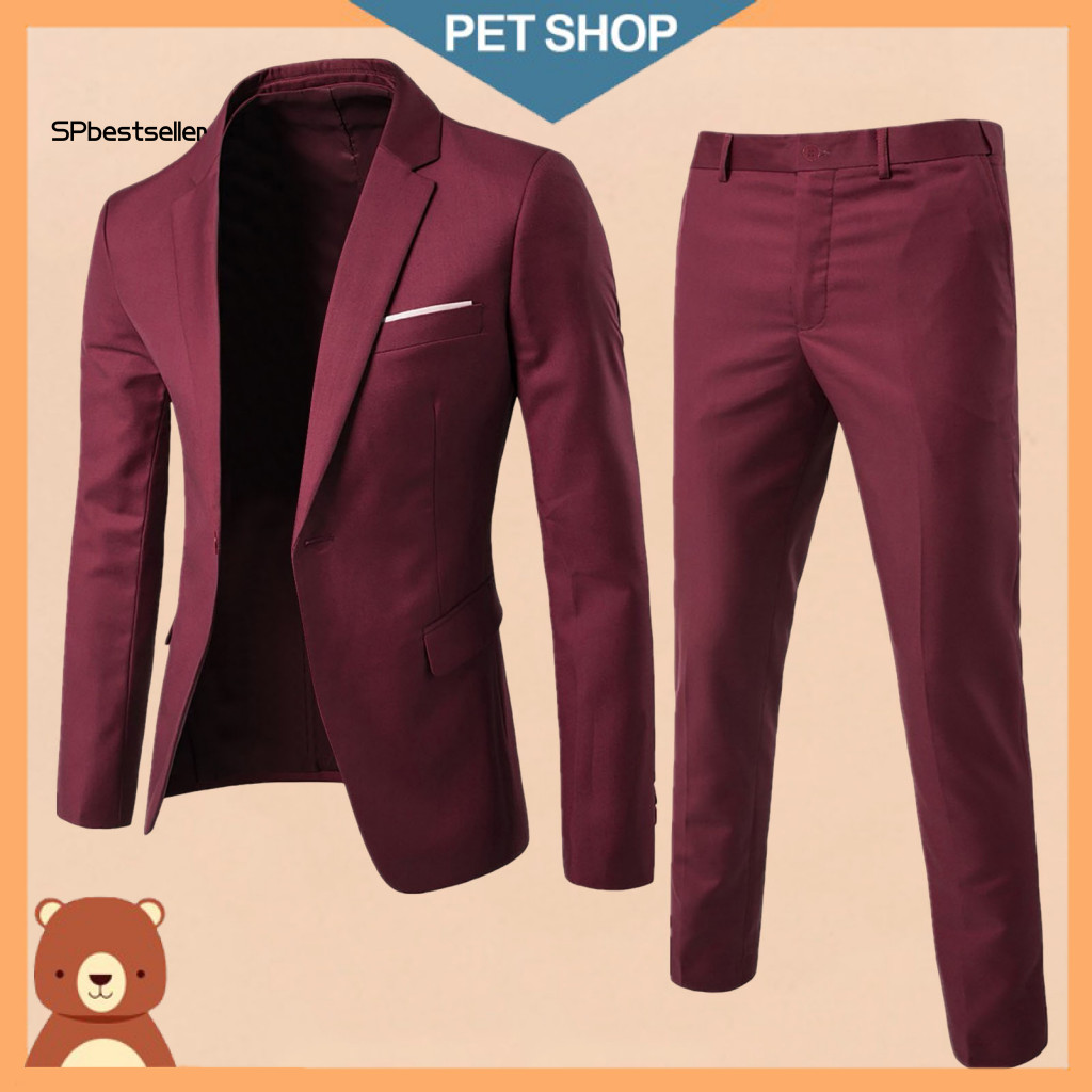 Men Suit Set Comfortable Men's Slim Fit Business 2pcs Lapel Single Button Blazer Mid-rise Long Pants Solid Color Formal