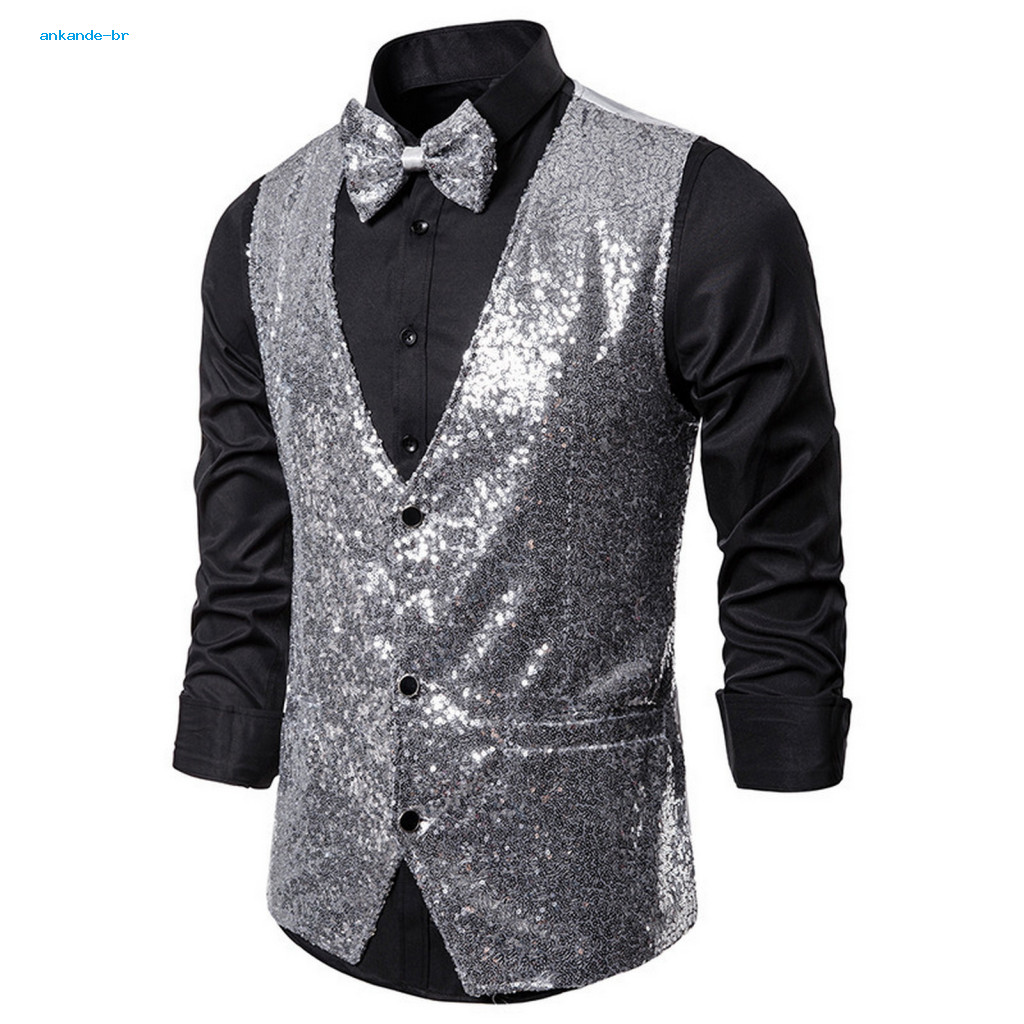 Skin-friendly Men Suit Vest Button Closure Jacket Men's Sequin Bow Tie Set Slim Fit Sleeveless Waistcoat Single-breasted